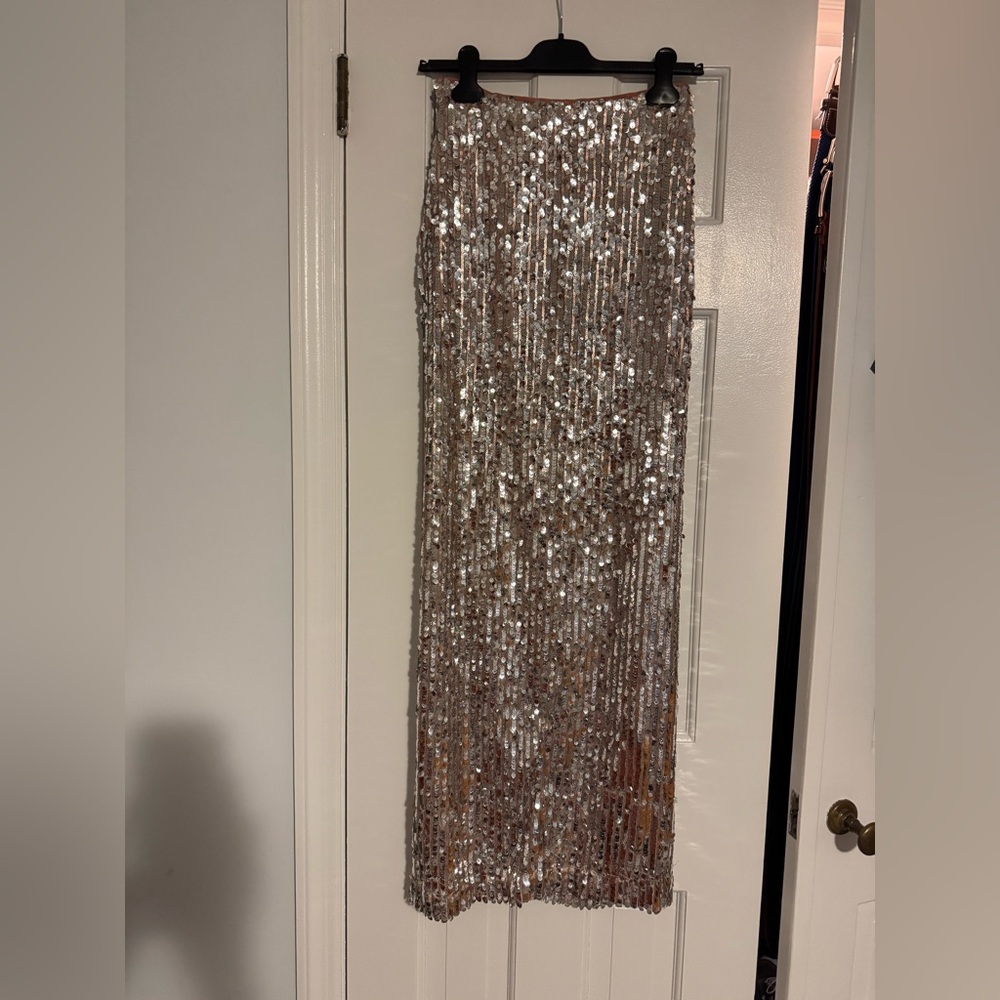 Free People Shimmering Silver Maxi Pencil Skirt with side slit